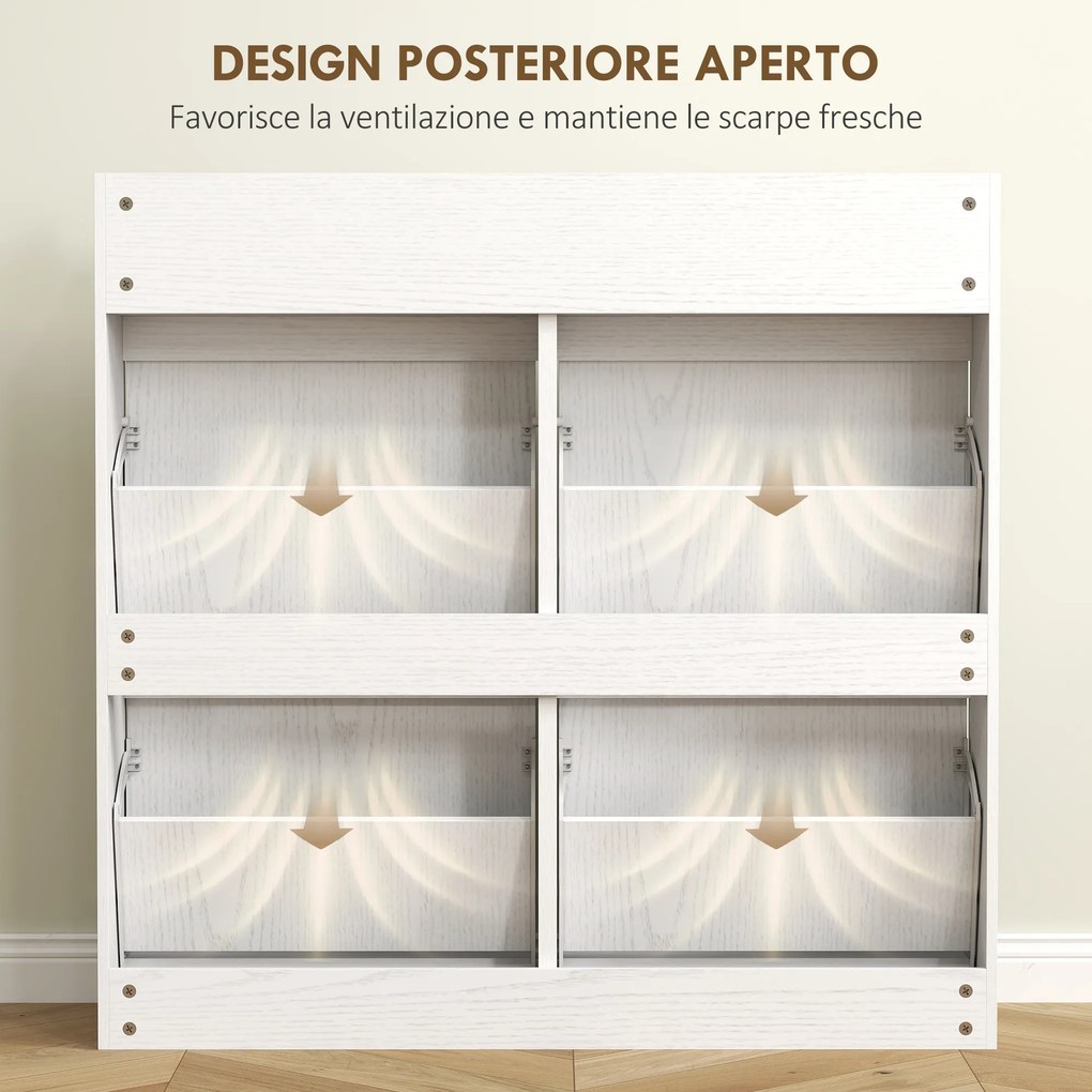 Scarpiera Slim 98x19,2x95,3 cm con 4 Ante a Ribalta e 2 Cassetti in Legno Bianco...