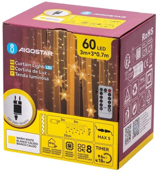 Aigostar - Catena luminosa natalizia LED per esterni 120 LED/6W/230V/8 funzioni 3x0,7m IP44 bianco caldo + telecomando