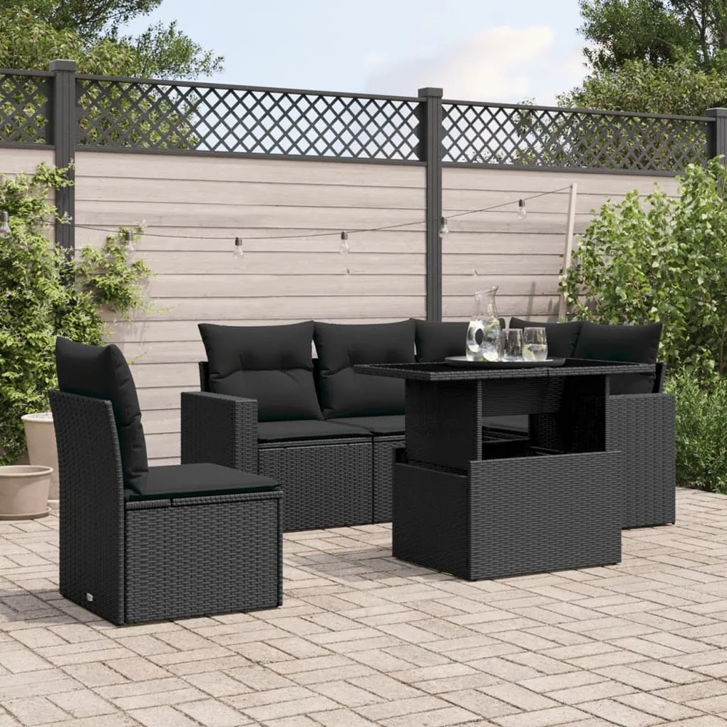 Set divano da giardino 6 pz con cuscini nero in polyrattan