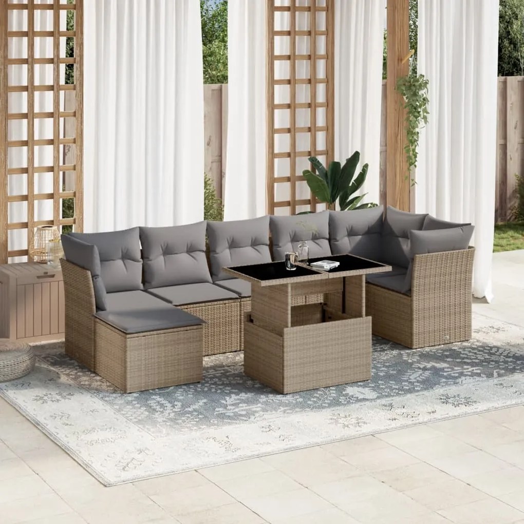 Set divano da giardino 8 pz con cuscini beige in polyrattan