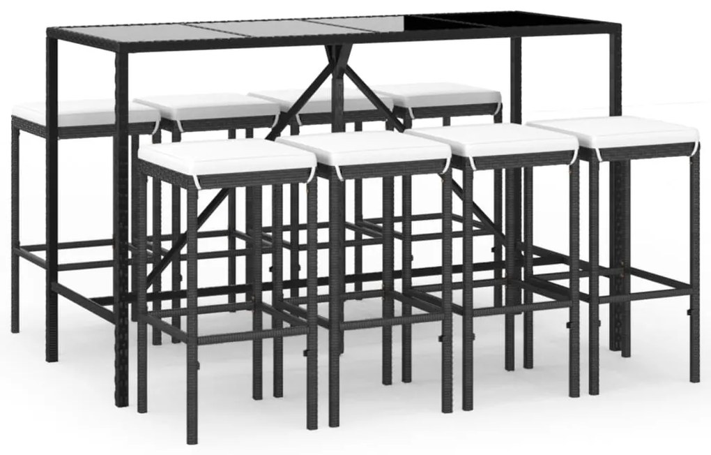 Set bar da giardino 9 pz con cuscini in polyrattan nero