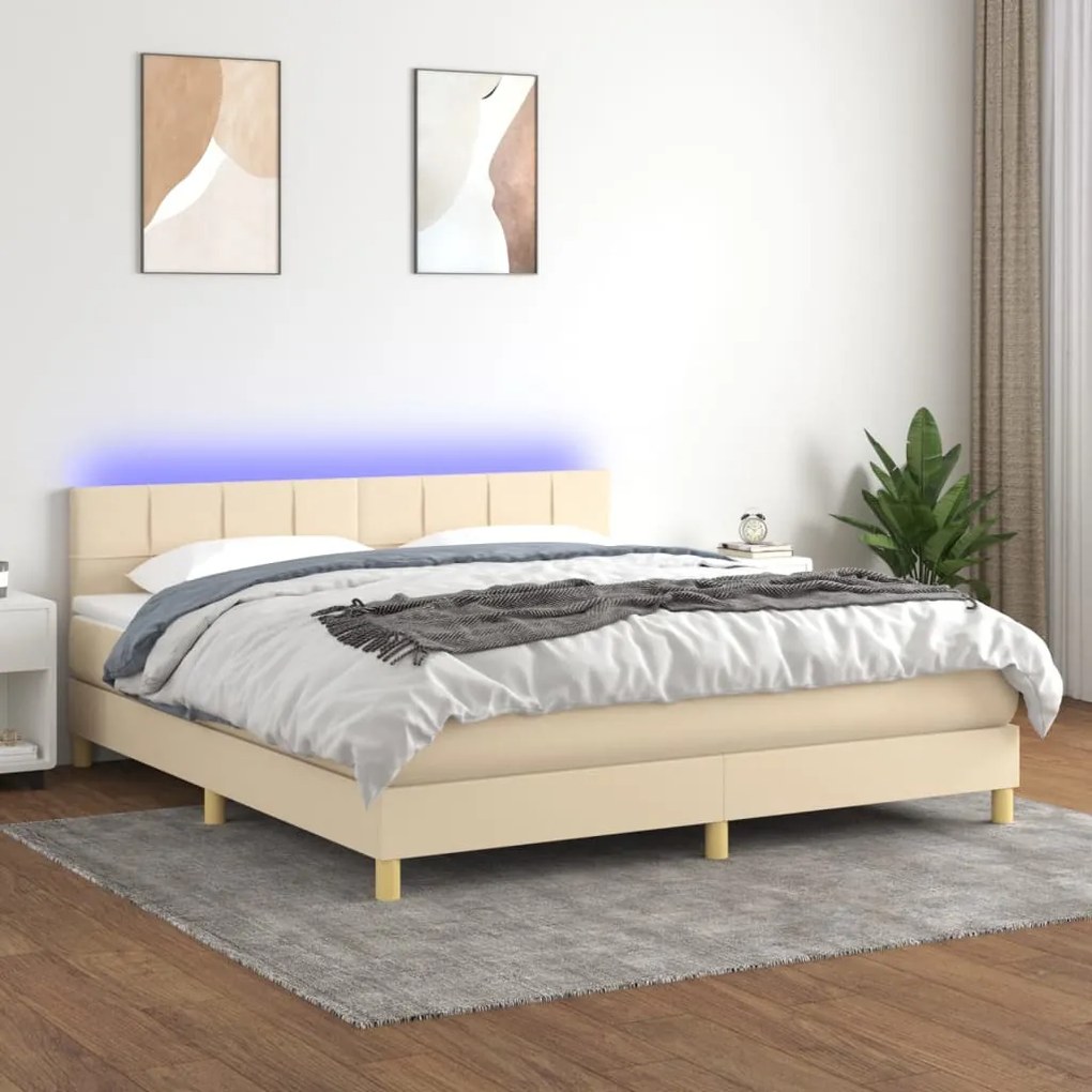 Letto a molle con materasso e led crema 160x200 cm in tessuto