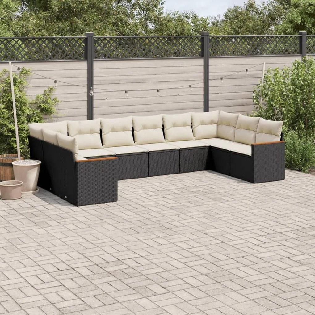 Set divani da giardino 10pz con cuscini in polyrattan nero