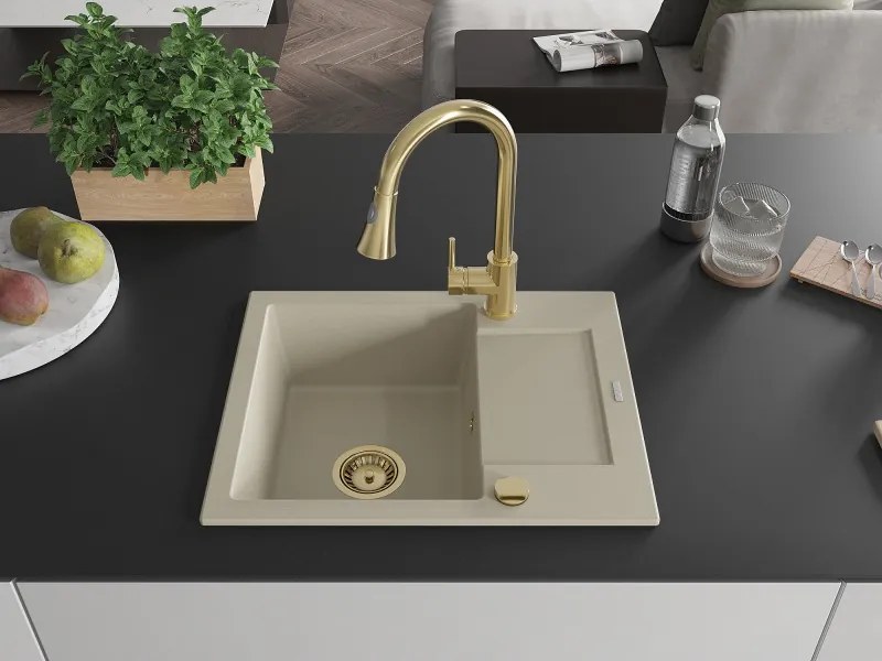 Mexen Enzo lavello in granito a 1 vasca con scolapiatti e rubinetto da cucina Elia, beige - 6506-69-670101-50