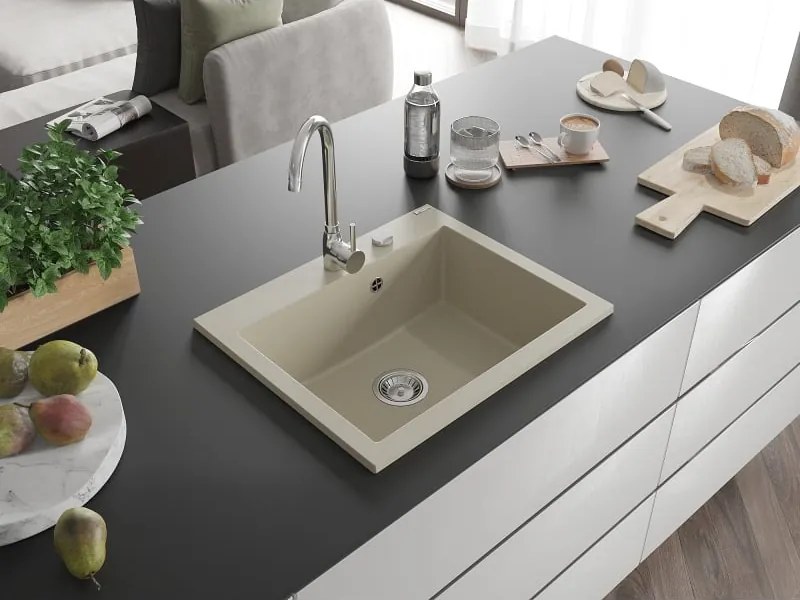 Mexen Elix lavello in granito a 1 vasca 600 x 500 mm, beige, sifone cromato - 6525601005-69