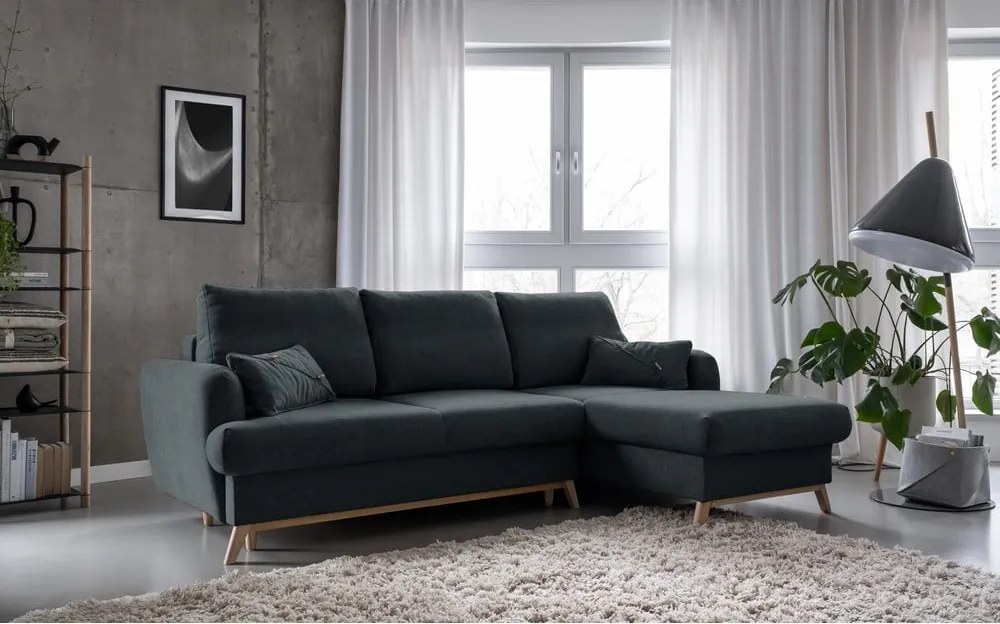 Divano angolare grigio scuro allungabile/con contenitore (con penisola a destra/con chaise lounge) Scandic Lagom – Miuform