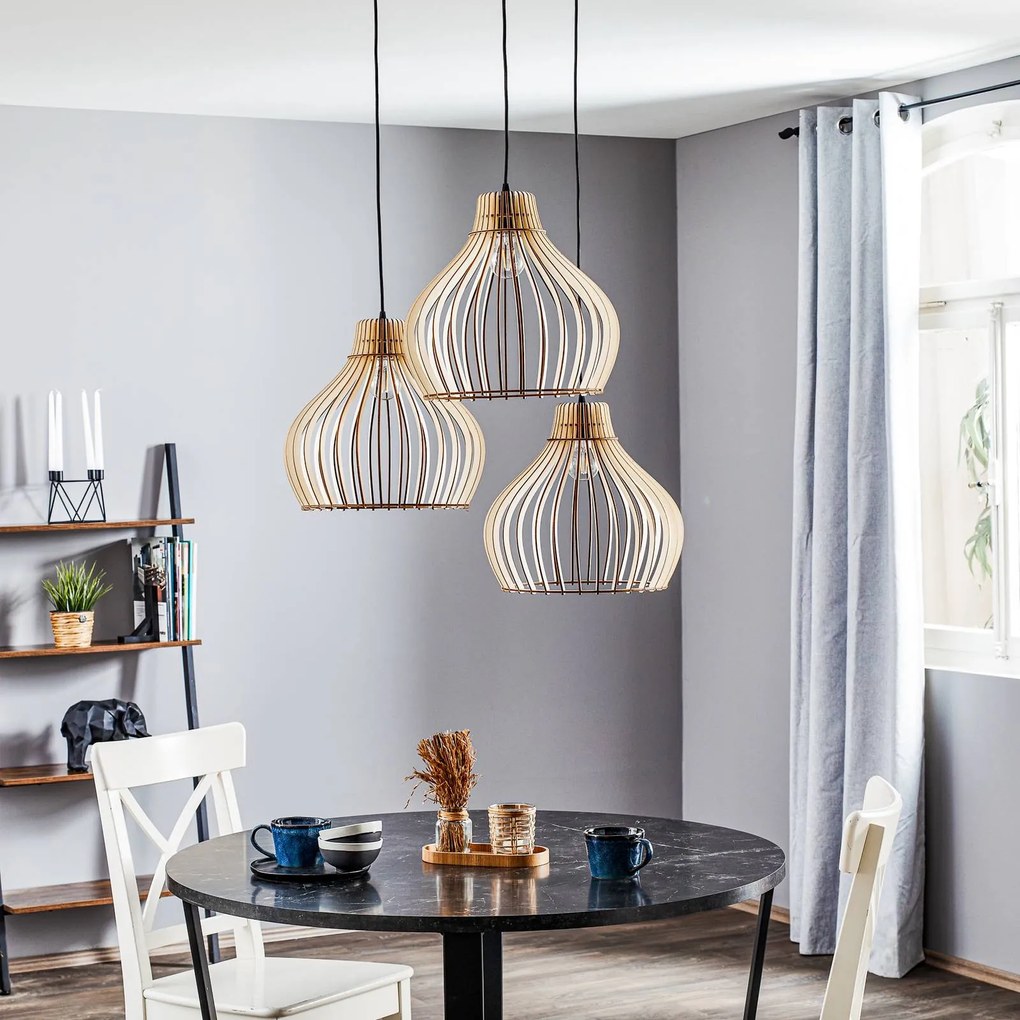 TEMAR LIGHTING Lampada a sospensione Barrel con paralumi in legno, a 3 luci, rotonda