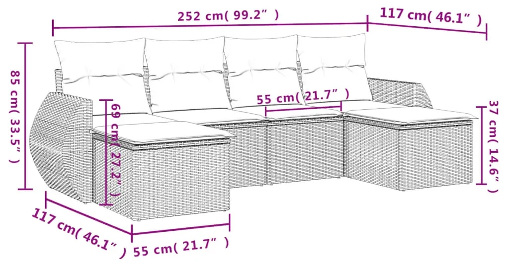Set divano da giardino 6 pz con cuscini nero in polyrattan