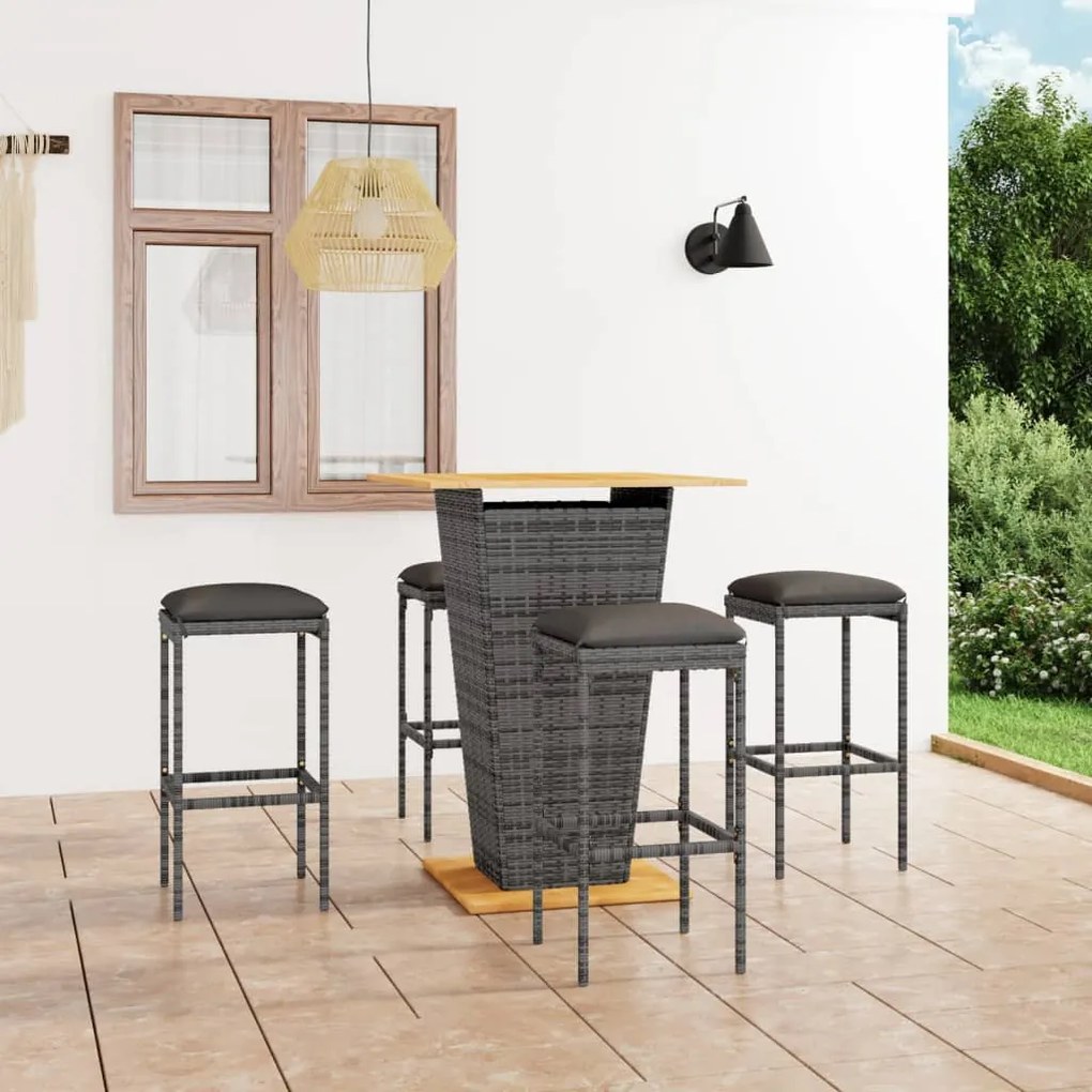 Set da bar da giardino 5 pz con cuscini in polyrattan grigio