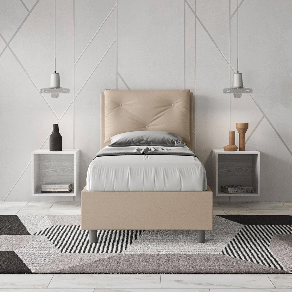 Letto singolo 80x200 imbottito similpelle, rete o contenitore, Made in Italy, Tortora / Contenitore