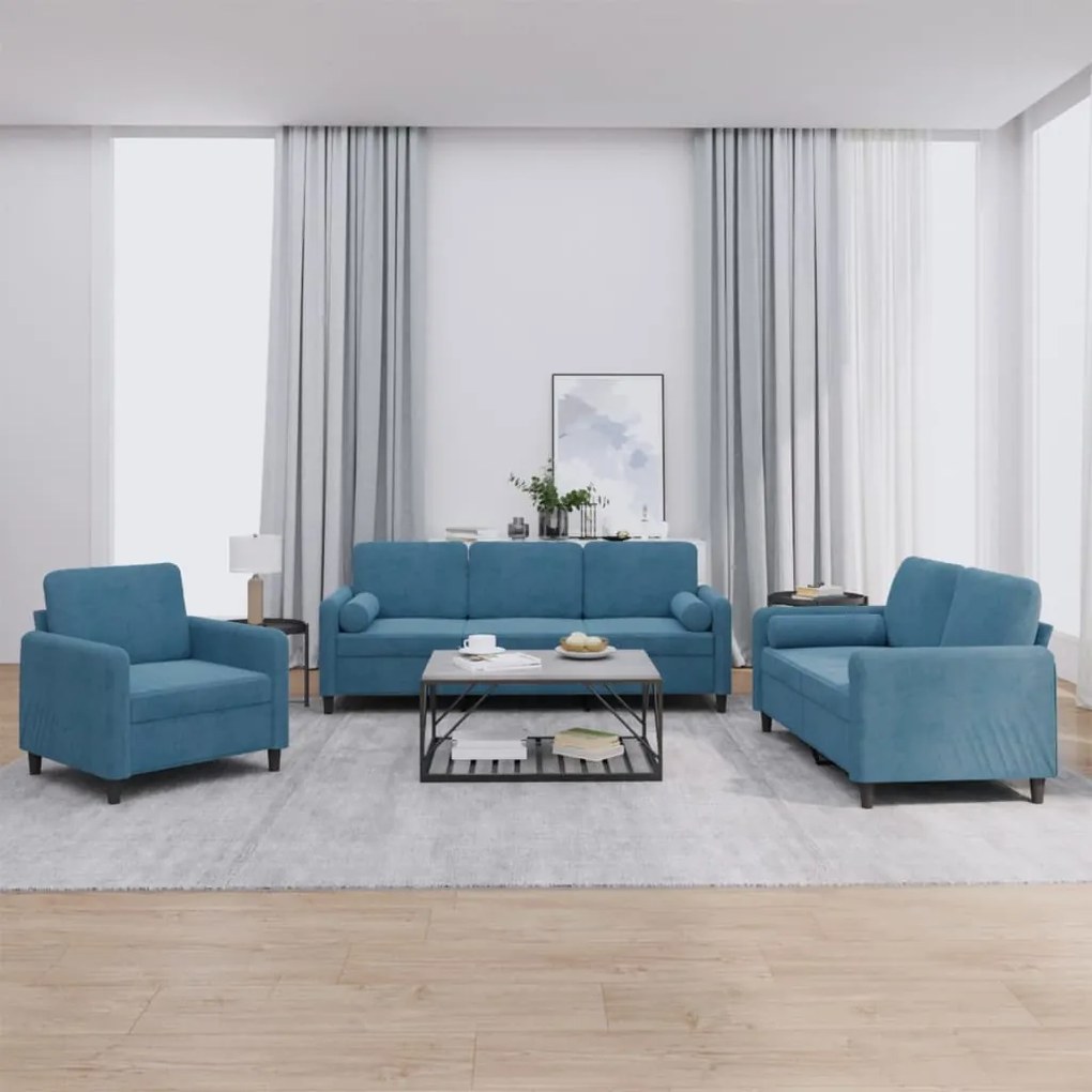 Set Di Divani 3 Pz Con Cuscini Blu İn Velluto /