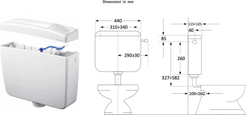 Cassetta WC a Zaino con 2 Pulsanti 44,5x14x38 cm Forlani Maxima 2 Bianca...