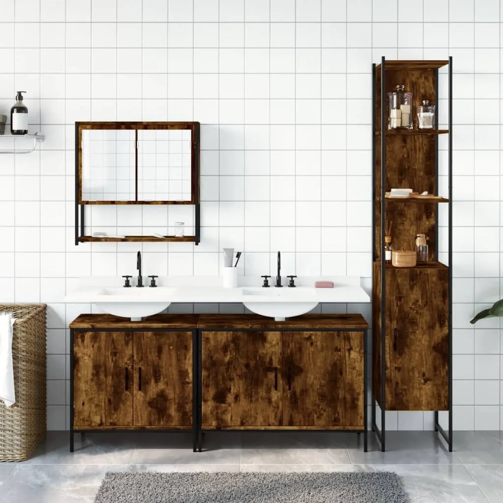 Set mobili da bagno 4 pz rovere fumo in legno multistrato