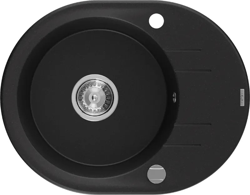 Mexen Kevin lavello in granito a 1 vasca con gocciolatoio 586 x 458 mm, nero, sifone cromato - 6517581005-77