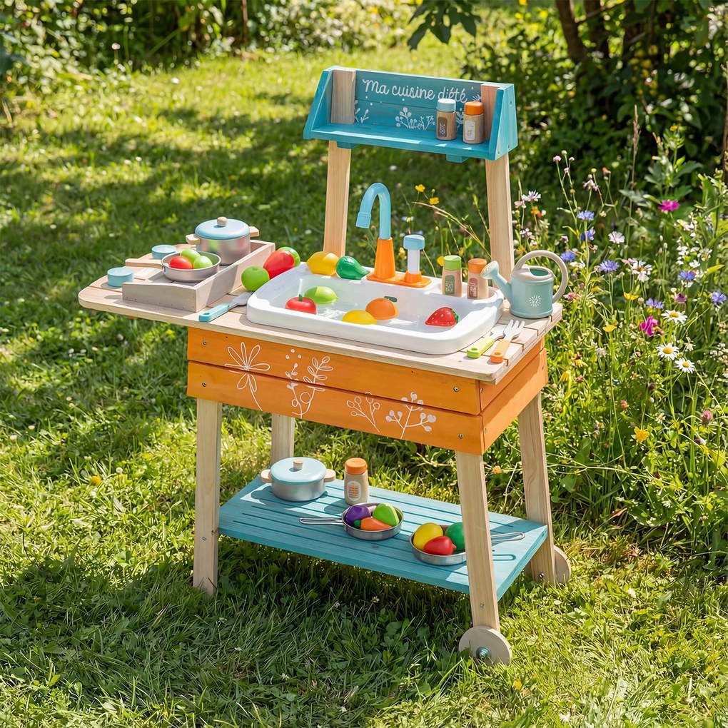 Costway Set cucina da gioco per bambini esterno legno lavandino rimovibile griglia, Cucina giocattolo manopole girevoli rubinetto circolazione 3+ anni