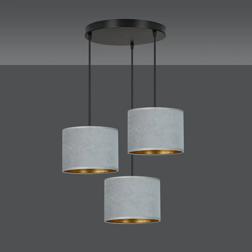 Lampadario Tondo 3 Luci Ganesha In Acciaio Nero E Paralumi In Tessuto Grigio