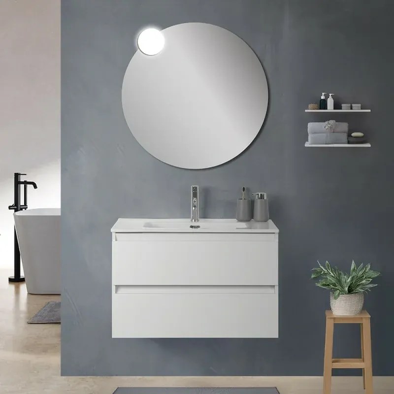 Mobile bagno sospeso 100 cm in legno bianco lucido 2 cassettoni con lavabo e specchio Leda