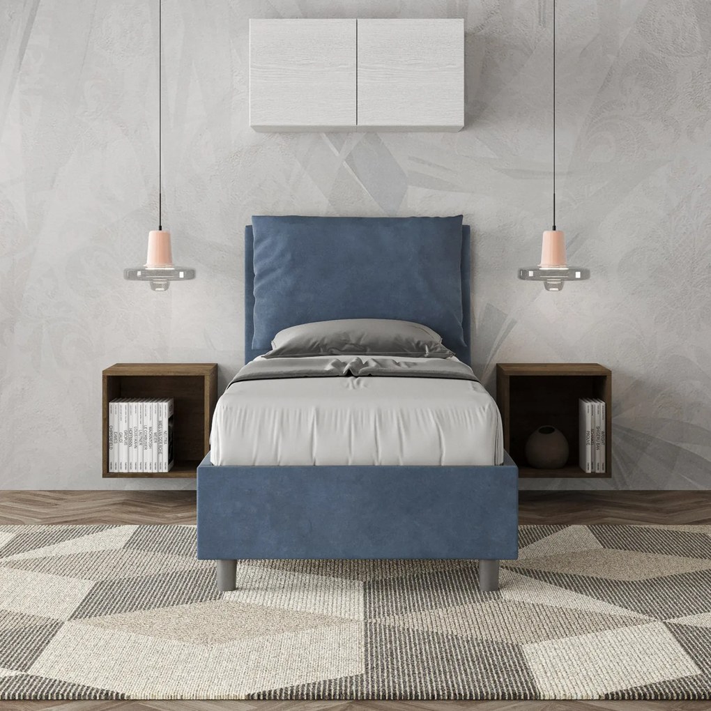 Letto singolo imbottito 80x210 microfibra Antea senza rete, con rete e contenitore, Blu / Contenitore