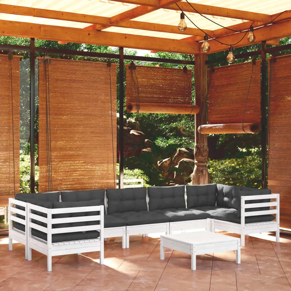 Set divani da giardino 8 pz con cuscini bianchi legno di pino