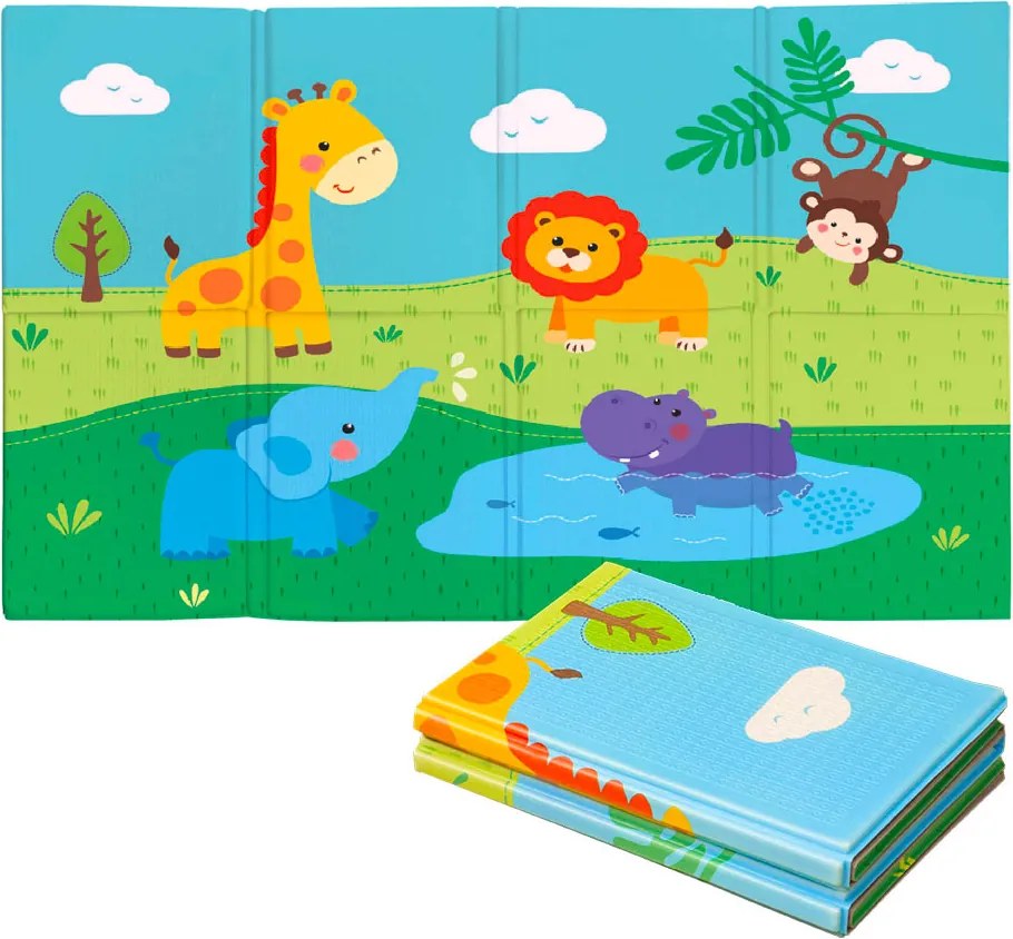 Tappeto Morbido per Bambini 120x90x0,8 cm Pieghevole Doppia Grafica Giungla Multicolore...