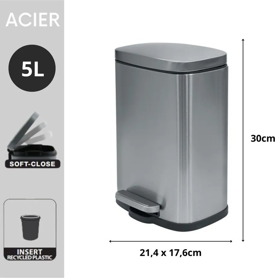 Cestino per la spazzatura color argento opaco in acciaio con pedale 5 l Akira – Spirella