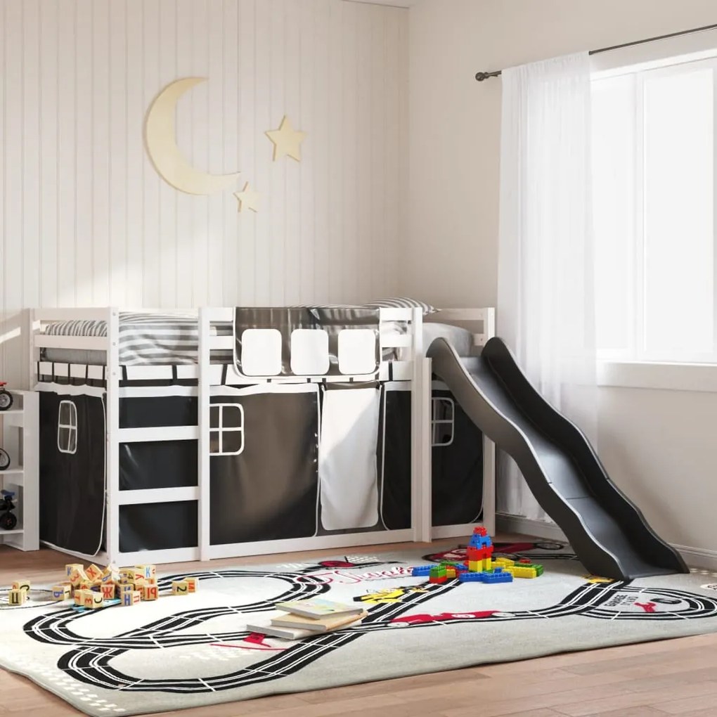 Letto A Castello Con Scivolo E Tende Bianco E Nero 80x200 Cm /