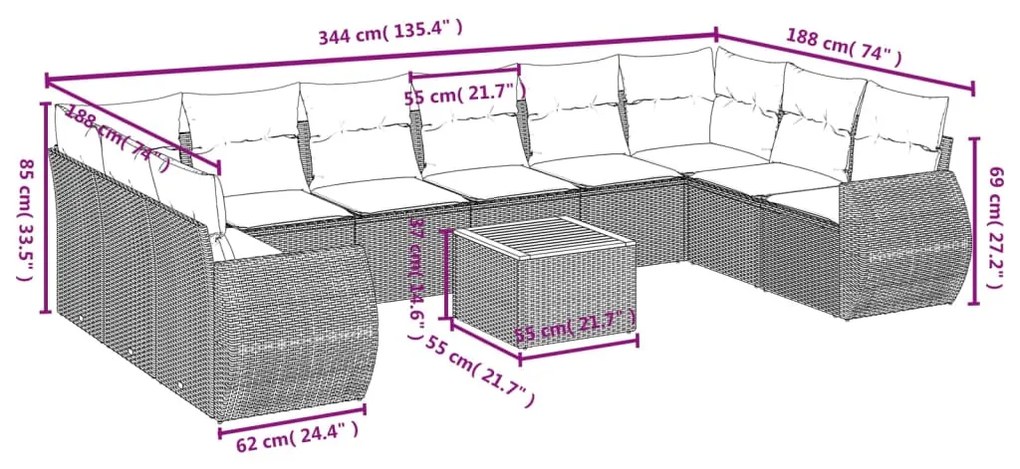 Set divani da giardino 11 pz con cuscini in polyrattan nero