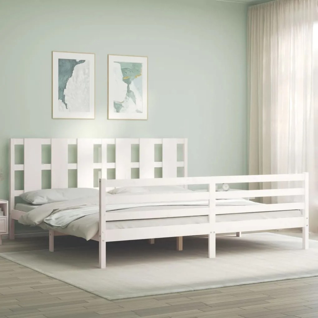 Giroletto Con Testiera Bianco 200x200 Cm İn Legno Massello /