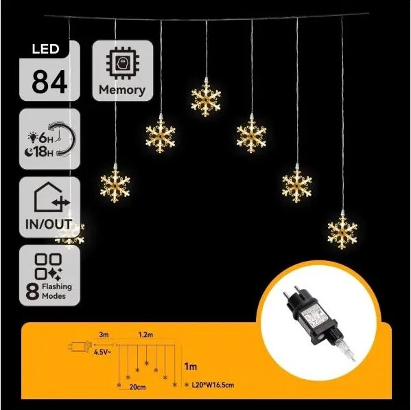 Aigostar - Catena luminosa LED da esterno 84xLED/230V 1,2x1m IP44, bianco caldo, fiocchi di neve