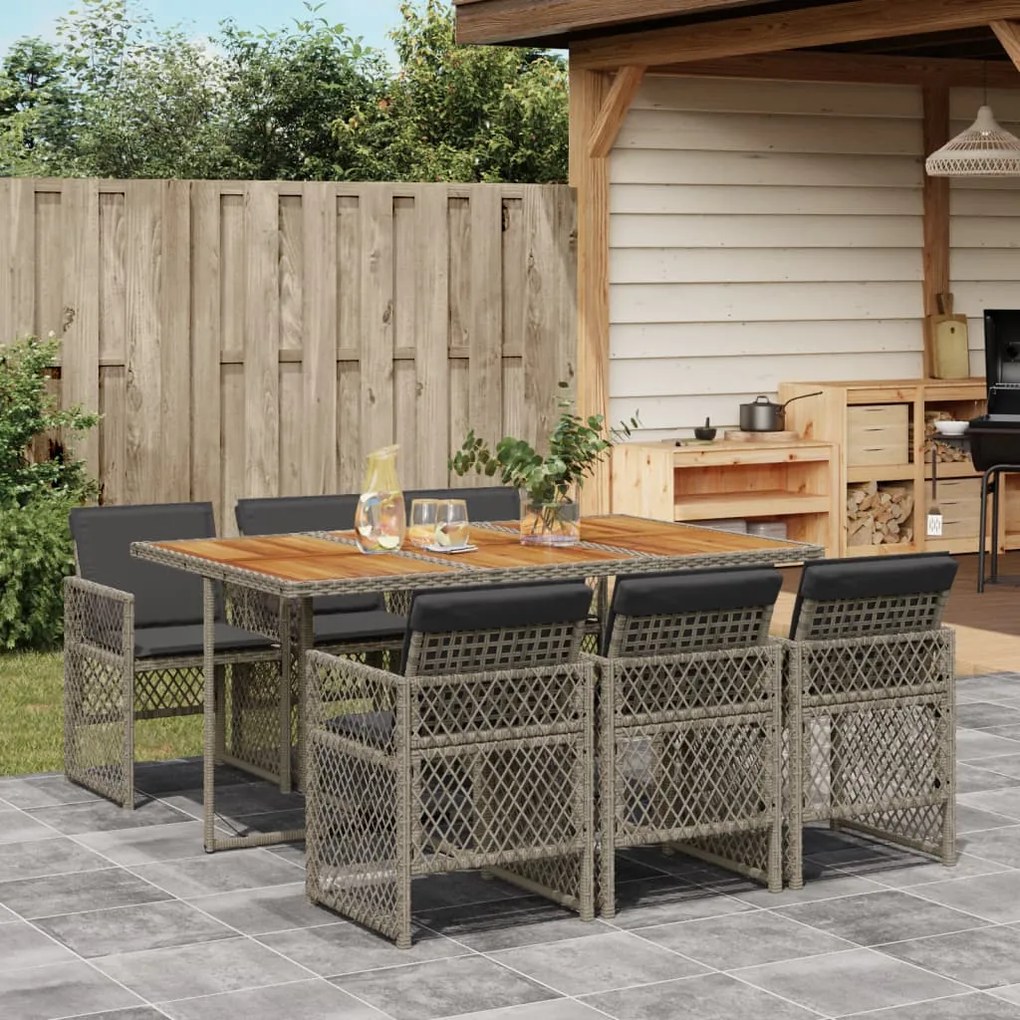 Set da pranzo da giardino 7 pz con cuscini in polyrattan grigio