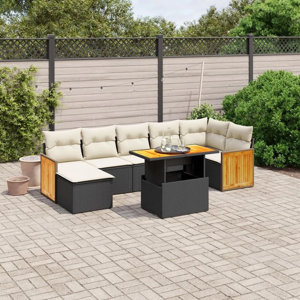 Set divani da giardino con cuscini 8 pz nero in polyrattan