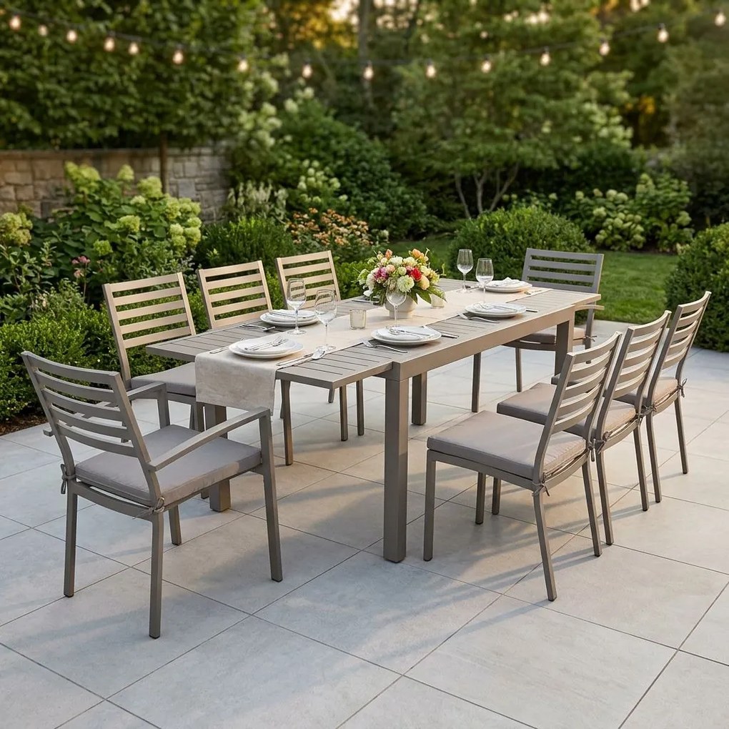 DEXTER - set tavolo in alluminio cm 160/240 x 90 x 75 h con 6 sedie e 2 poltrone Dexter