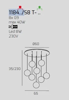 Sospensione bianco 8 luci tonda vetri 4x tr + 4x fu 1184bi-s8 t-tf