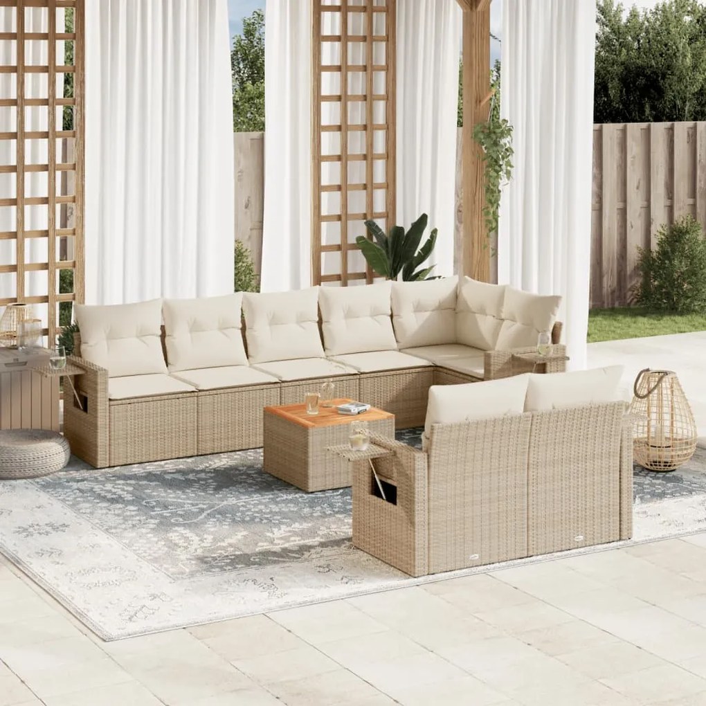 Set divano da giardino 9 pz con cuscini beige in polyrattan