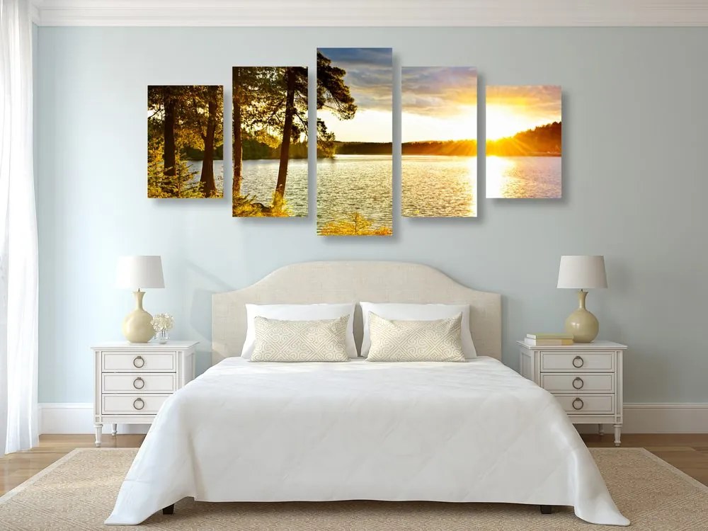 Quadri 5 pezzi – Tramonto sul lago