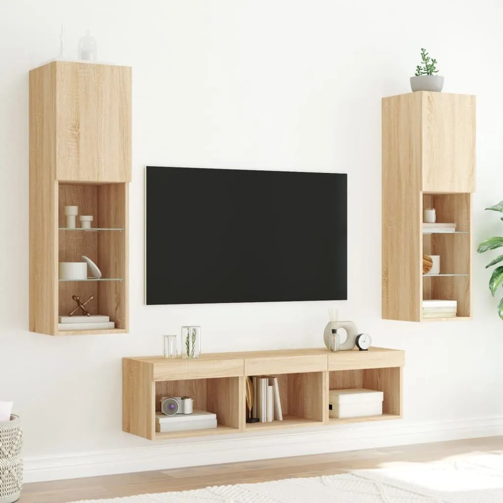 Mobili tv a muro con led 5pz rovere sonoma legno multistrato