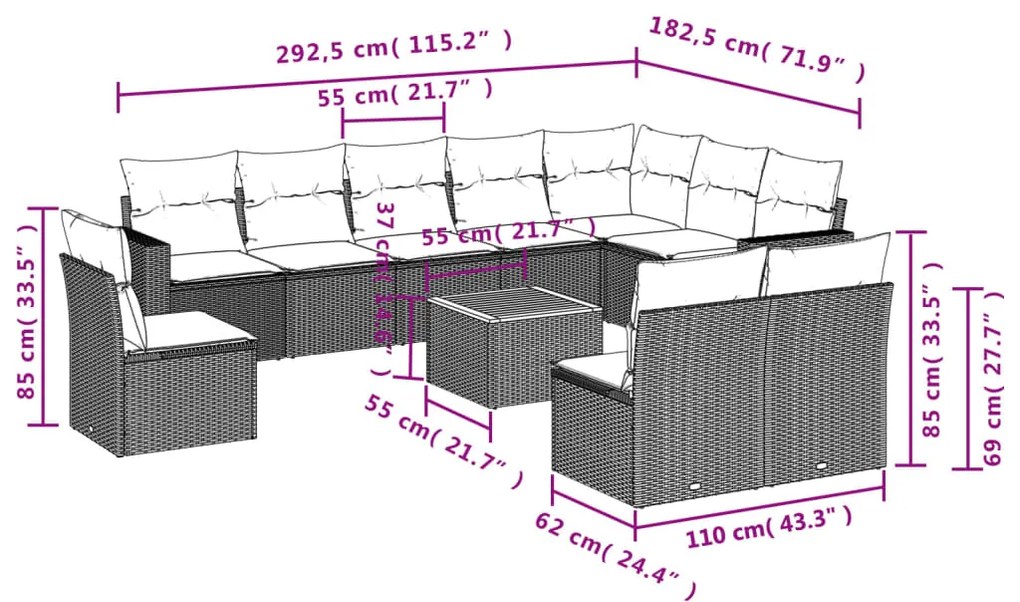 Set divani da giardino 11 pz con cuscini in polyrattan nero