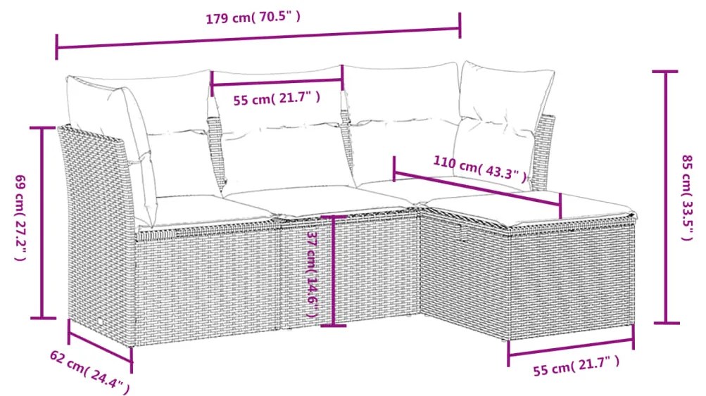 Set Divani da Giardino 4 pz con Cuscini Nero in Polyrattan