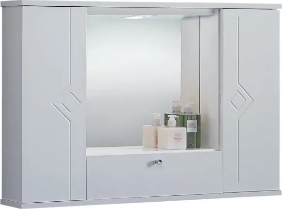 Specchiera mobile contenitore da bagno MERCURIO 80 bianco lucido a 2 ante e luce LED