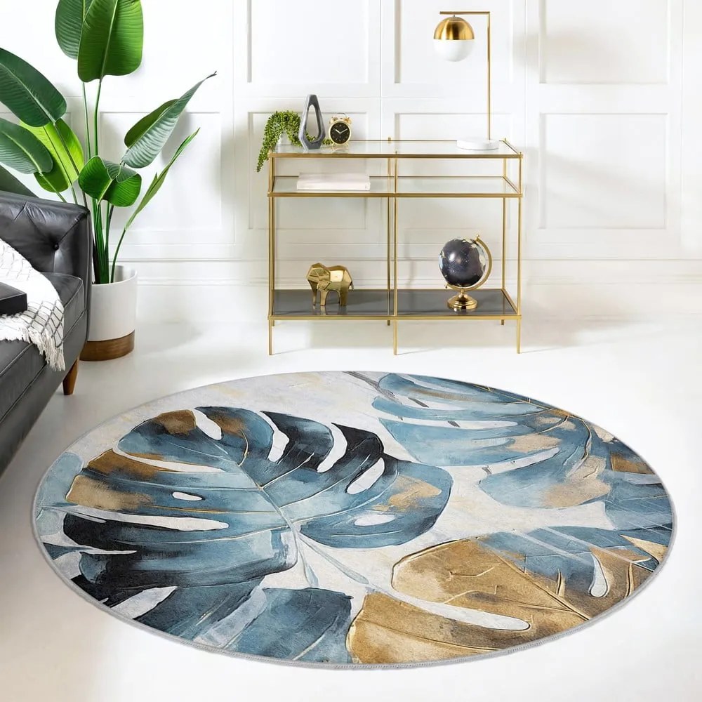 Tappeto rotondo blu lavabile ø 150 cm Golden Leaves – Mila Home