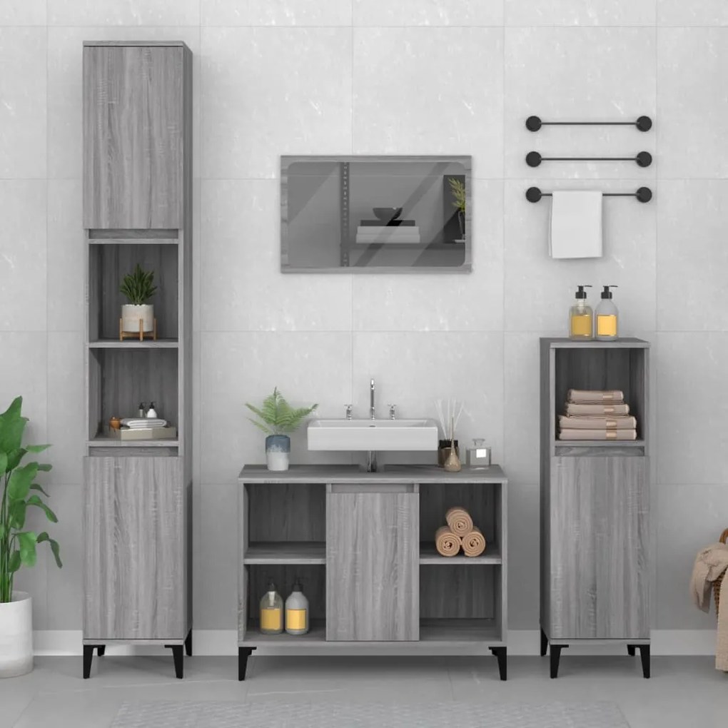 Set mobili da bagno 3 pz grigio sonoma in legno multistrato