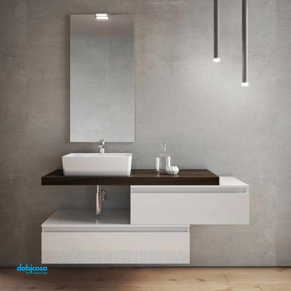 Mobile Bagno Sospeso "Ninfa" Da 120 Cm Composto Da Due Cassetti Sfalsati Lavabo E Specchio Con Lampada Led