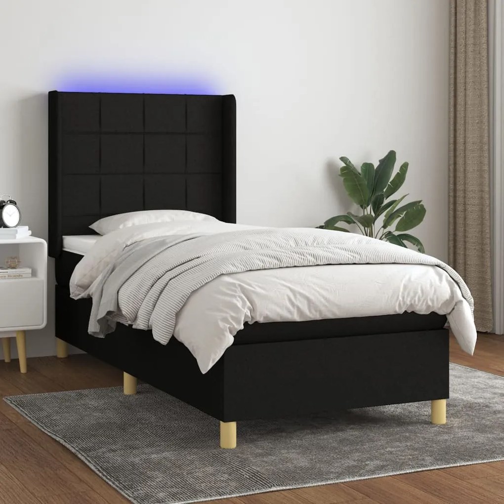 Letto A Molle Con Materasso E Led Nero 100x200 Cm İn Tessuto /