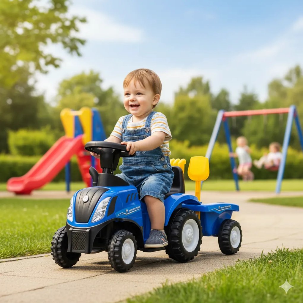 Trattore Cavalcabile con Rimorchio 91x29x44 cm per Bambini New Holland Blu...