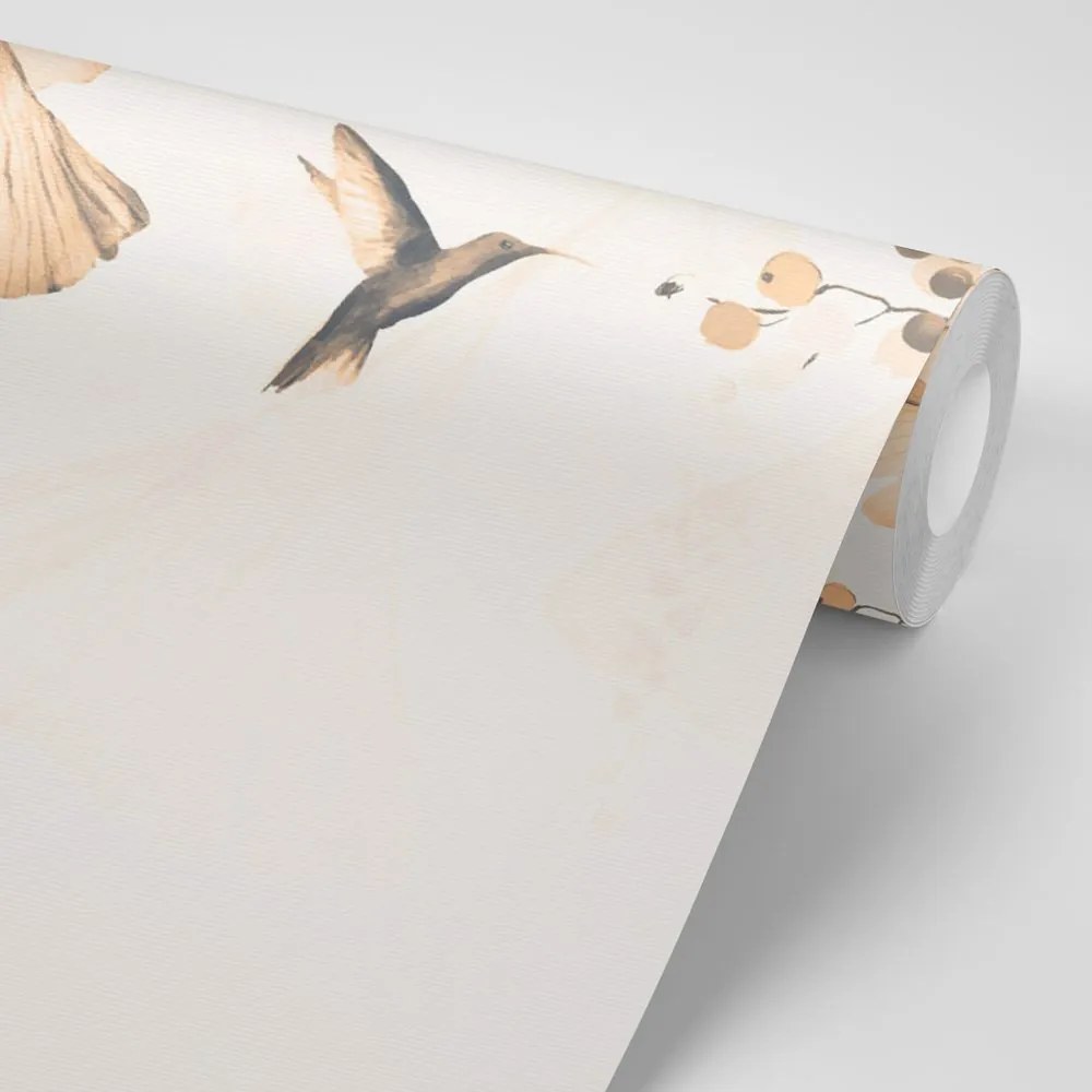 Carta da parati – Foglie con Colibrì in Tonalità Peach Fuzz