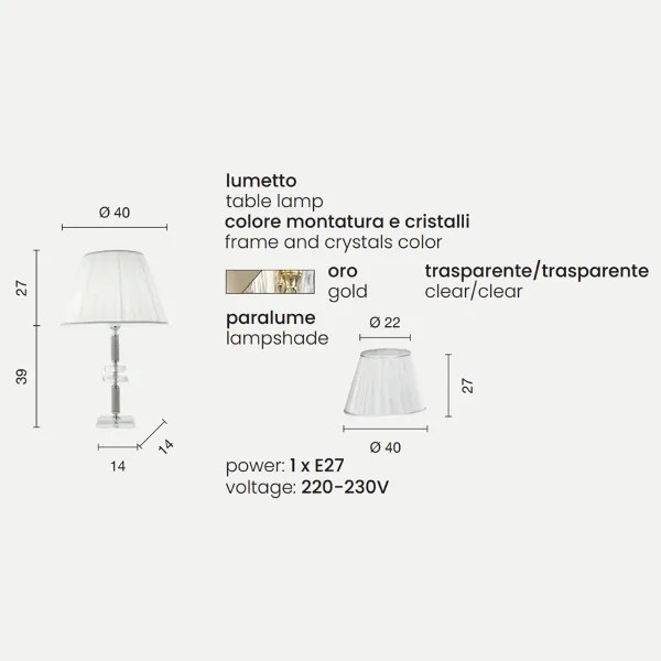 Lampada da tavolo DIDO in vetro trasparente lavorato a mano 40x66 cm Oro