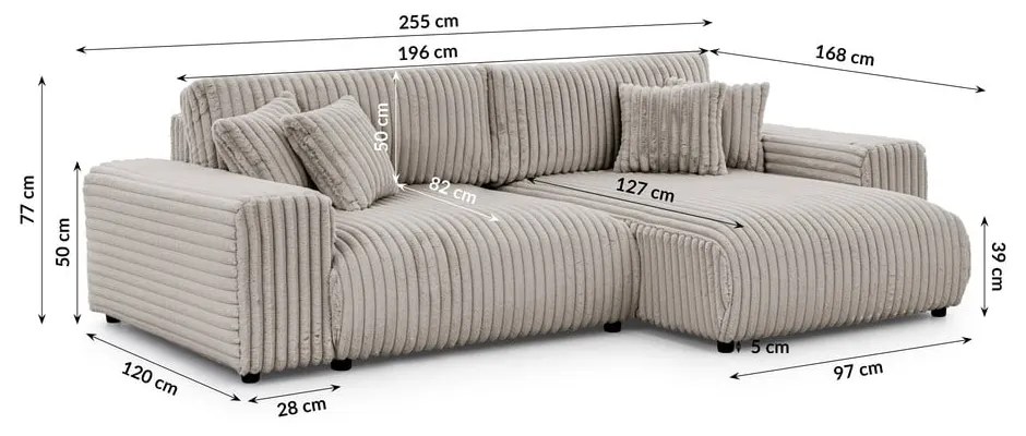 Divano angolare con penisola a destra grigio chiaro e rivestimento in velluto a coste allungabile e con contenitore Sarina – Ropez