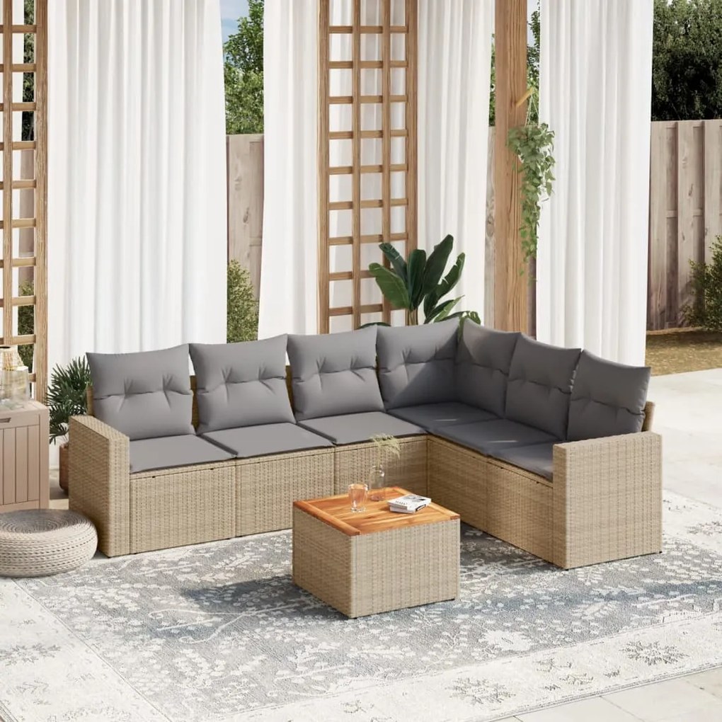 Set divano da giardino 7 pz con cuscini beige misto polyrattan