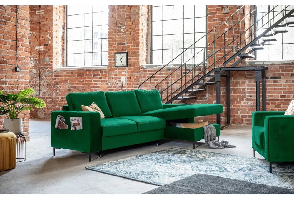 Divano letto angolare in velluto verde, angolo destro Lofty Lilly - Miuform