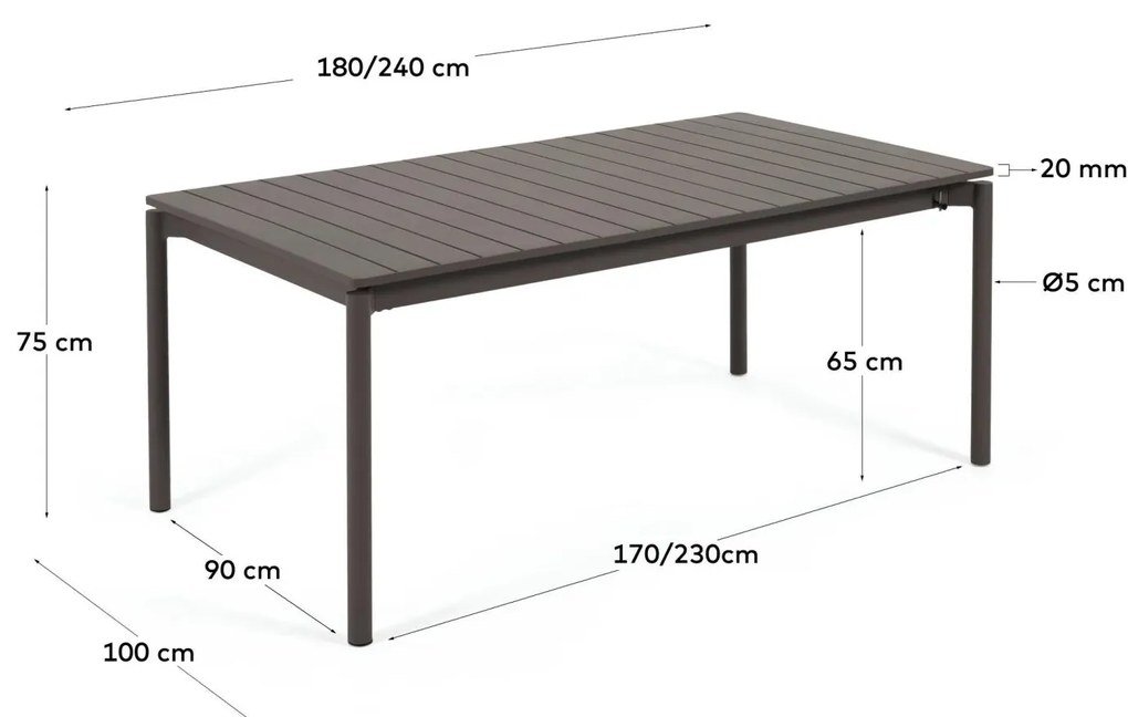 Kave Home - Tavolo allungabile da esterno Zaltana in alluminio grigio scuro opaco 180 (240) x 100 cm